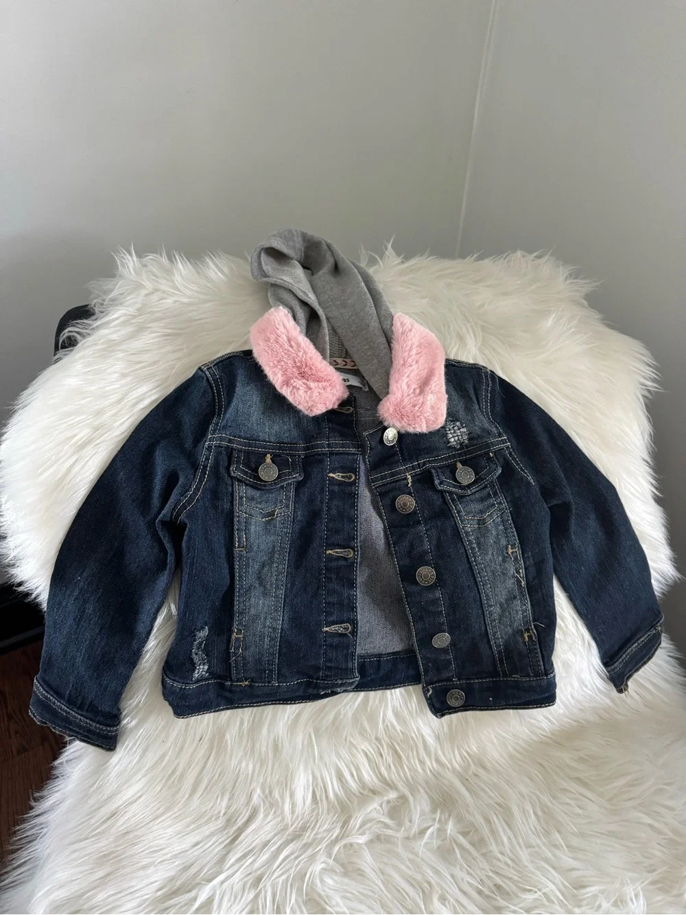 Epic Threads Dark Blue Denim Jacket with Pink Faux Fur Hood